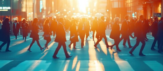 Wall Mural - Busy Urban Street with Pedestrians Walking at Sunset in a Modern Cityscape