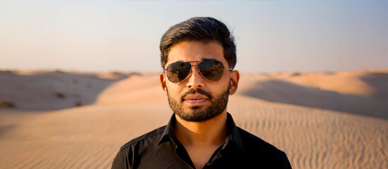 Wall Mural - A South Asian man wearing sunglasses, stranded in a desert.