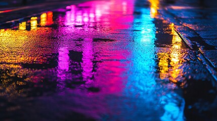 Wall Mural - Multi-colored neon lights on a dark city street, reflection of neon light in puddles and water. Abstract night background, blurred bokeh light. Night view colorful