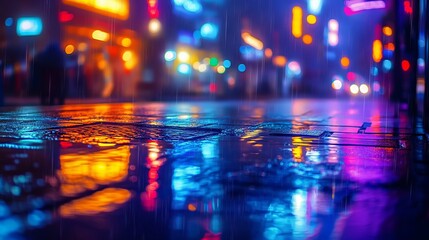 Wall Mural - Multi-colored neon lights on a dark city street, reflection of neon light in puddles and water. Abstract night background, blurred bokeh light. Night view colorful