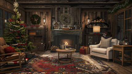 Aufkleber - Cozy christmas scene with crackling fireplace, decorated tree, and presents beneath