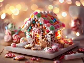 Gingerbread house with colorful candies, festive and sweet, Holiday, Warm tones, Photograph, Edible art