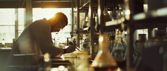 An absorbed researcher works in a lab, meticulously handling equipment and chemicals with precision, as warm sunlight filters through the window.