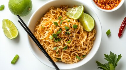 Wall Mural - A bowl of noodles with a side of chili paste and fresh lime wedges, artistically arranged on a white background, representing a balanced and flavorful meal.