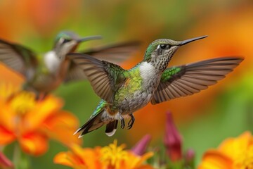 Wall Mural - Two hummingbirds in flight, wings spread, with orange flowers in the background.