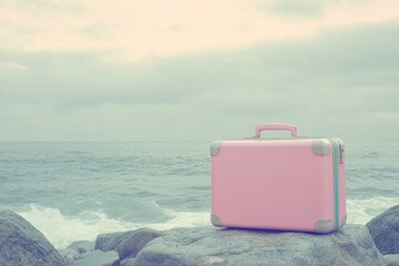 Sunset on the sea and a pink suitcase. Stock photo