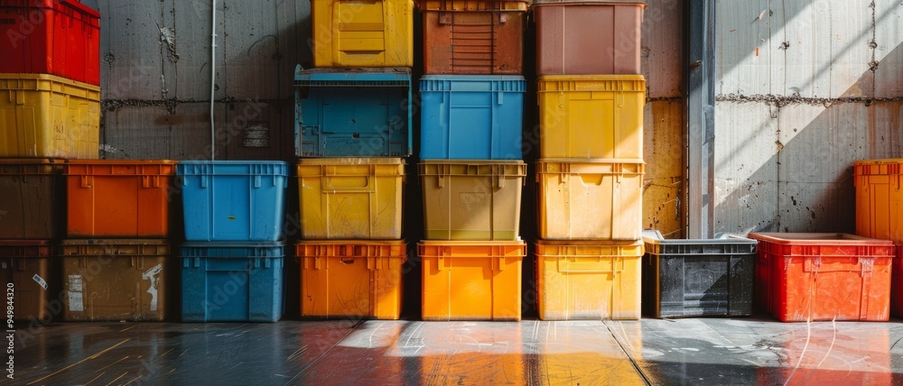 Stacked color-coordinated storage crates against a weathered wall in a ...