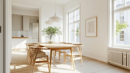 Aufkleber - A bright and airy Nordic dining area with a simple wooden table, light-colored chairs, and a minimalistic pendant light, emphasizing functionality and elegance