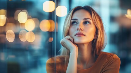 Poster - A businesswoman in a modern office setting, looking out of a window with a thoughtful expression, reflecting on strategic decisions and future goals