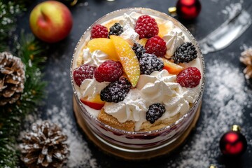 Wall Mural - Trifle, A British layered dessert made with sponge cake, custard, whipped cream, and fruits, often enjoyed as a Christmas treat. Top View