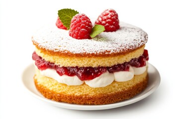 Victoria Sponge Cake, A British classic, made from two layers of sponge cake filled with jam and whipped cream. isolated on white background