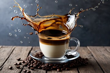 Wall Mural - Milk Brown Coffee Liquid Splash with Bubbles and Falling Beans on Isolated Background