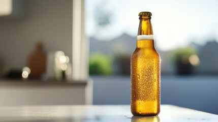 Poster - A chilled beer bottle with condensation on its surface, placed on a white table, capturing its refreshing and cold appearance.