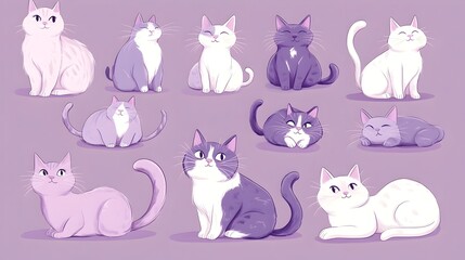  Charming Collection of Cartoon Style Lavender Cats in Various Playful Poses and Distinctive Breeds
