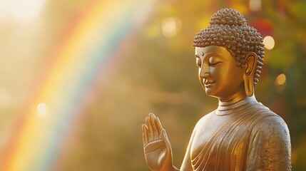 Wall Mural - Serene Golden Buddha Statue with Rainbow and Soft Light - Peaceful and Uplifting Spiritual Symbol in Nature