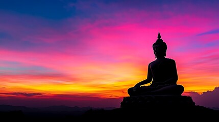 Wall Mural - Tranquil Serenity: Golden Buddha Statue Silhouetted at Dusk against Colorful Sky