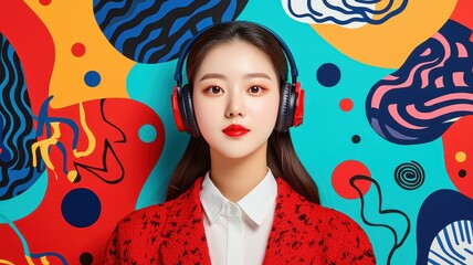 A young woman in headphones stands against a vibrant abstract background, exuding style and confidence in her red outfit.