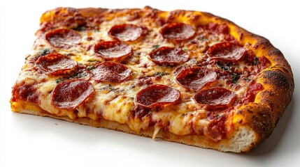 A slice of pizza with pepperoni and melted cheese, isolated on a white background