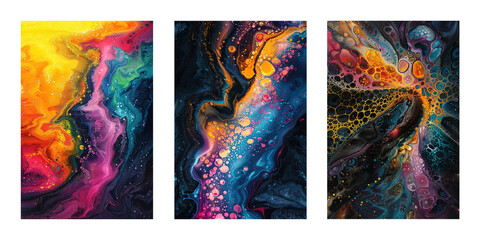 set of three abstract resin art surface, liquid painting of colorful curvy line background