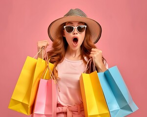 Girl in sunglasses and hat, holding shopping bags, surprised, isolated on pink backdrop, stylish and fun.