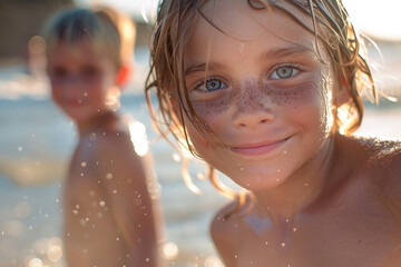 Happy children kid enjoy and fun outdoor lifestyle on beach generative AI