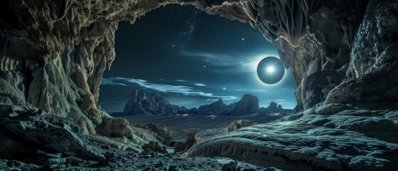 a surreal night scene in a cave with a moonlit landscape of mountains, stars, and a river. ethereal 