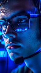 Man in profile wearing glasses and a headset, focused on a task with a blue tint and computer screen reflection. Cool, dark ambiance with a blue light glow.