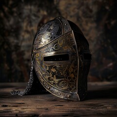 Ornate medieval helmet on a rustic wooden surface.