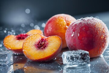 peaches fruit with melting ice cubes and water splashes effects . aspect ratio 3:2