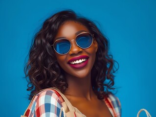 Poster - Happy African American woman with shopping bags, sunglasses on, blue backdrop, cheerful portrait.