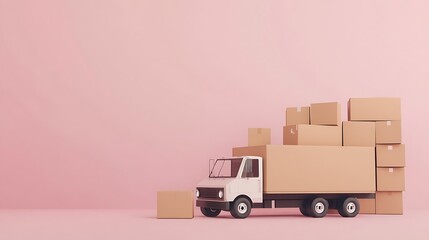 A white delivery truck with cardboard boxes on a pink background.