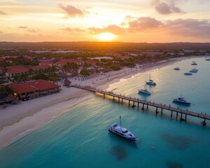 Wall Mural - An aerial view of boats docked at the pier along the coastline in Noord, Aruba, at sunset.