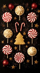 Wall Mural - Christmas Candy Cane and Lollipop Decorations on Black Background