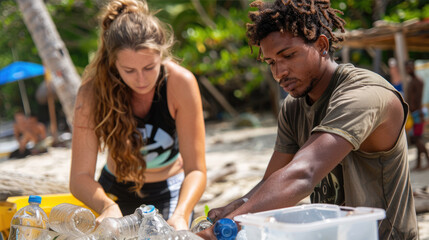 two volunteers sort plastic bottles during a beach cleanup, emphasizing environmental conservation a