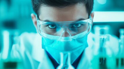 A focused scientist in a lab, wearing protective gear, examines colorful liquids in glassware under blue lighting.