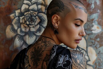 A woman revealing her back, which is adorned with detailed tattoos, symbolizing her personal journey and artistic taste, A fierce lady model with a shaved head and intricate tattoos, AI generated