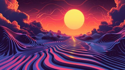 Wall Mural - An expansive abstract landscape featuring vibrant psychedelic colors and a large sun setting over wavy terrain at dusk. Generative AI