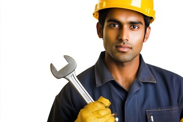 Indian Engineer with Wrench and Copy Space in Professional Safety Gear