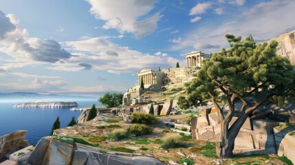 Picturesque view of ancient ruins on a cliff overlooking the Aegean Sea with a blue sky.