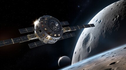 Wall Mural - spacecraft orbiting a moon in deep space
