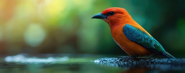 Brightly colored bird drinking from a stream, capturing a natural moment, biology, life, birds