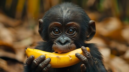 Wall Mural - A young bonobo ape sits in a lush green forest, happily eating a yellow banana.