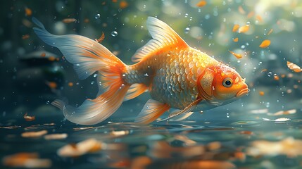 Wall Mural - A single goldfish swims through clear water with falling leaves.