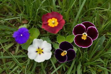 Wall Mural - Top View of Ornamental Blooming Flowers on Fresh Green Grass Tigirdia Tropaeolum majus Viola tricolor Vinca difformis