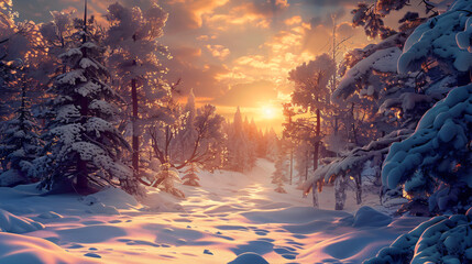 Poster - Golden sunset illuminates snowy forest path with trees covered in snow