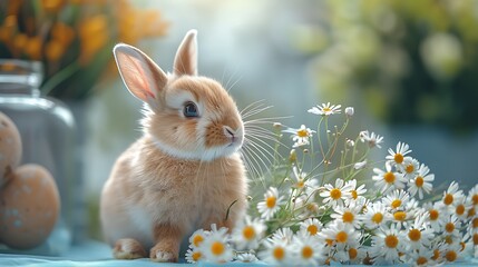 Cute brown bunny rabbit sitting on a blue table with white daisy flowers in front of a window with a blurred background of flowers and Easter eggs.