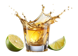 PNG Golden tequila splash in shot glass with lime slices transparent