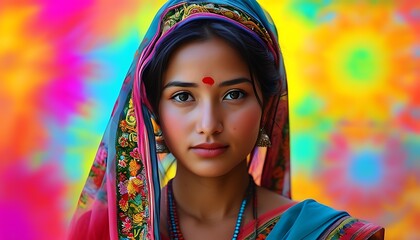 A woman wearing traditional costumes stood in front of a bright background, showing the harmonious integration of cultural charm and color.