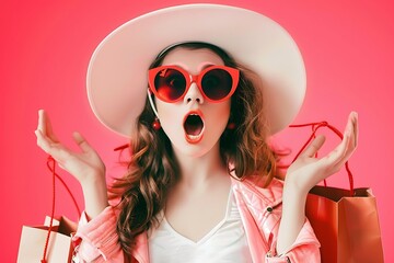 Poster - Girl in sunglasses and hat with shopping bags, surprised, pink background, bright and cheerful.