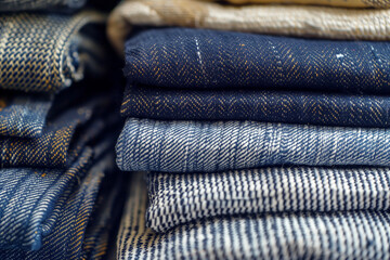 Jeans texture, stack of denim of different shades